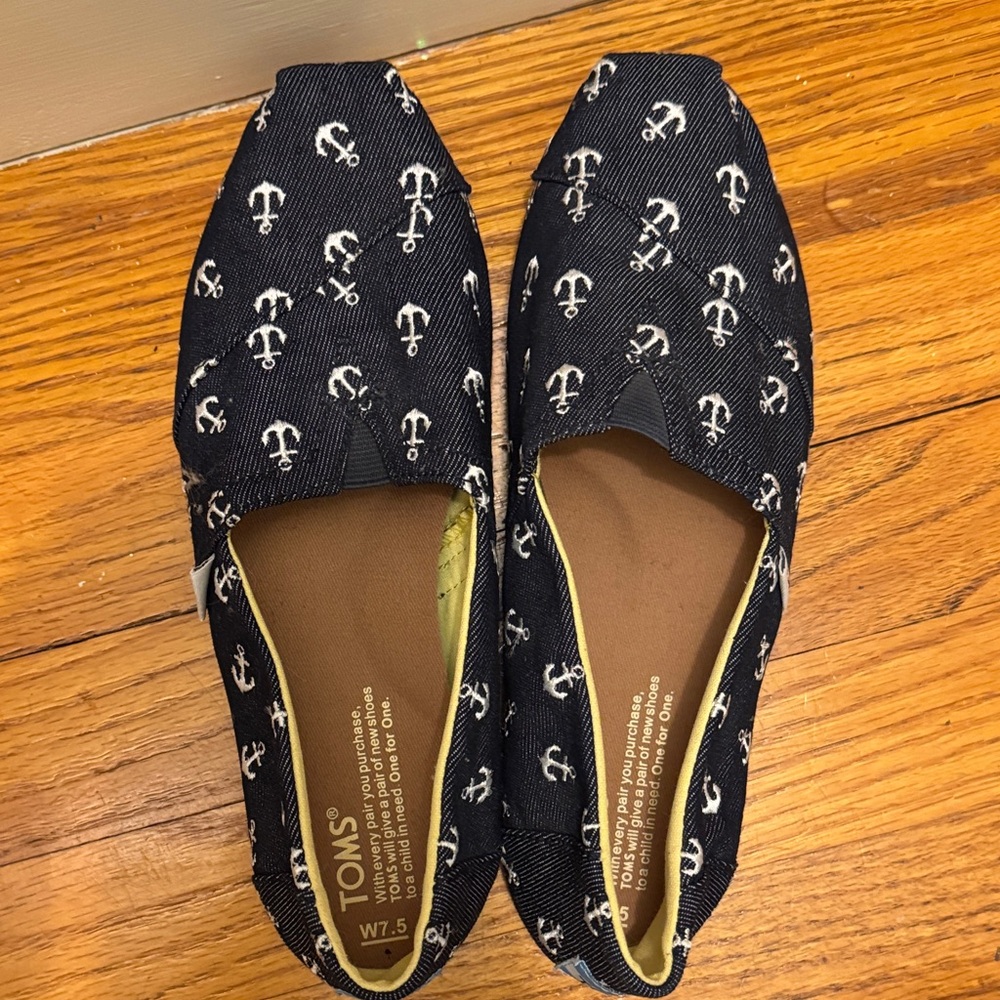 Toms Dark Blue Nautical Anchor Flats Slip-Ons - Picture 1 of 7